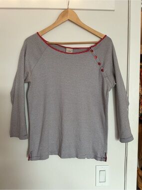 L.L. Bean Navy & White Striped 3/4 Sleeve Top with coral Red Trim